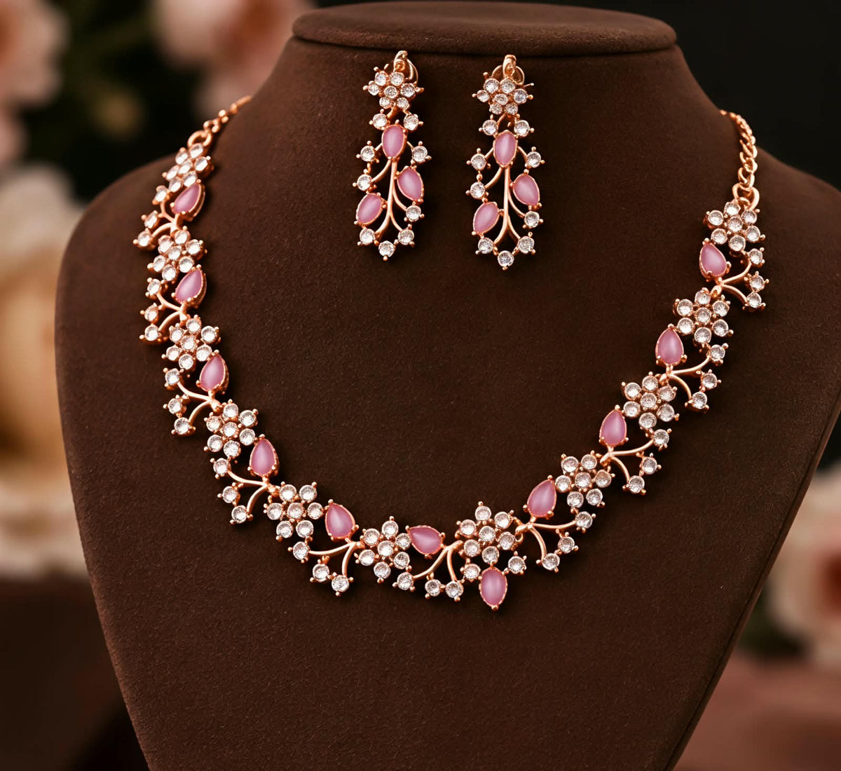 Rose Gold Floral Necklace & Earrings Set 💖🌸 | Artificial Stone Studded Jewellery ✨