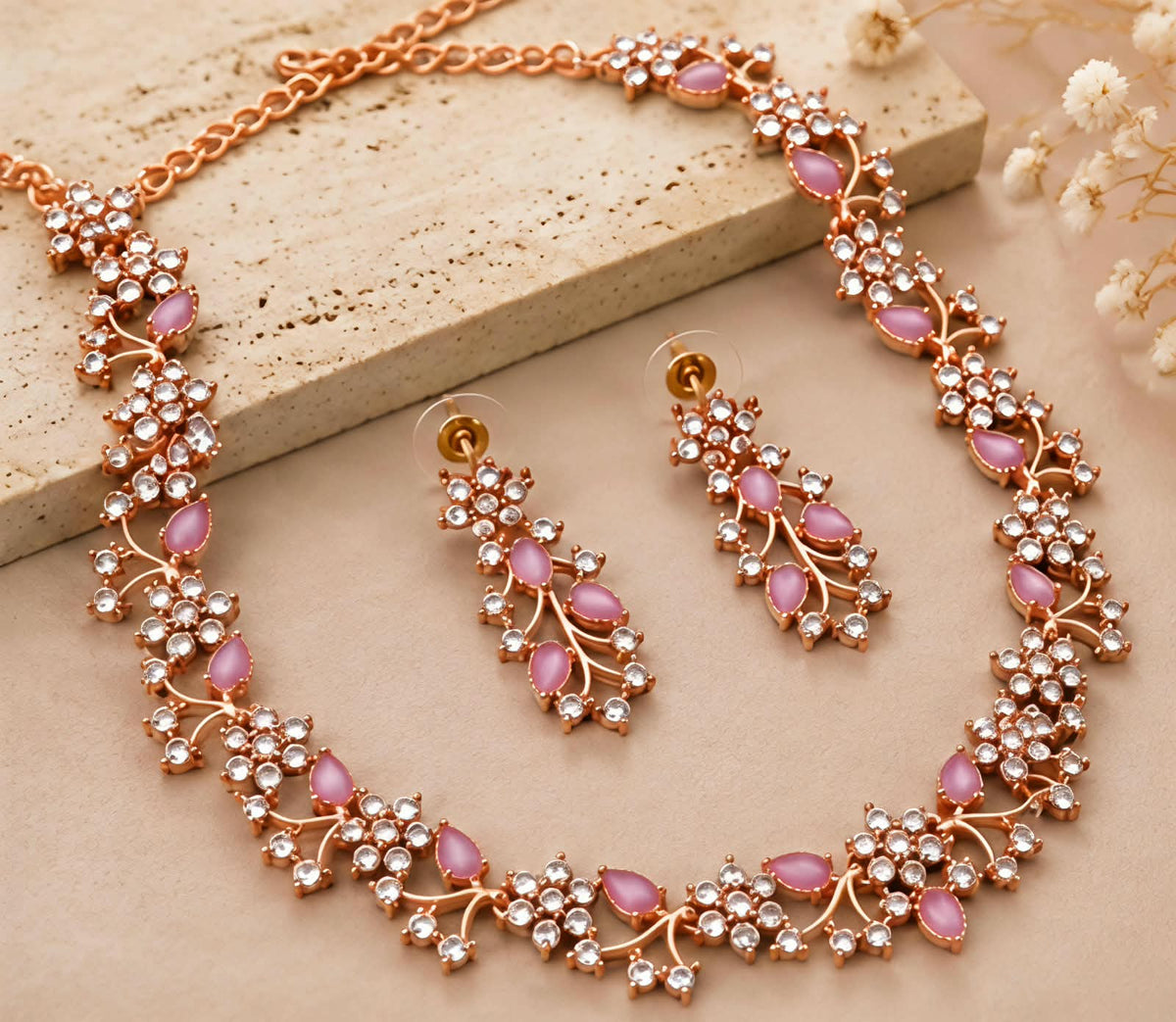 Rose Gold Floral Necklace & Earrings Set 💖🌸 | Artificial Stone Studded Jewellery ✨