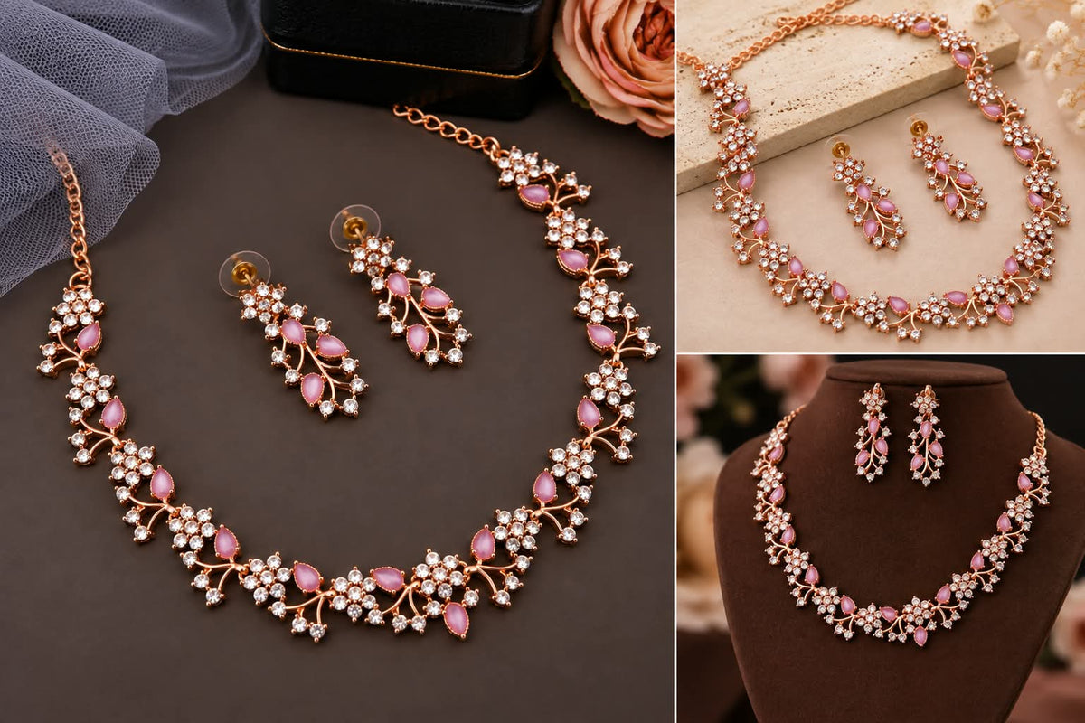 Rose Gold Floral Necklace & Earrings Set 💖🌸 | Artificial Stone Studded Jewellery ✨