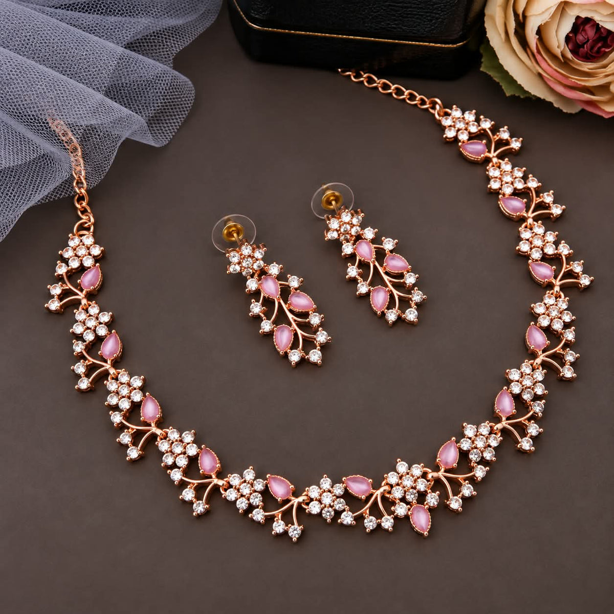 Rose Gold Floral Necklace & Earrings Set 💖🌸 | Artificial Stone Studded Jewellery ✨