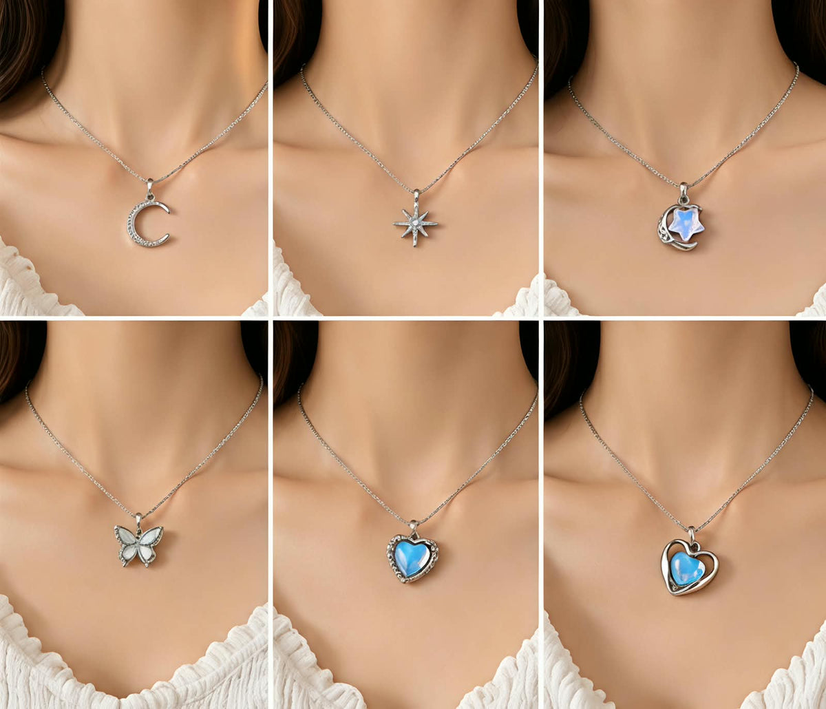 Pack of 6 Trendy Aesthetic Silver AD Charm Pendant Necklaces for Women & Girls 💖✨