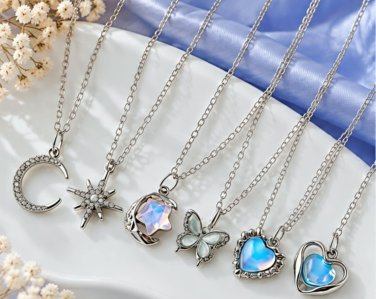 Pack of 6 Trendy Aesthetic Silver AD Charm Pendant Necklaces for Women & Girls 💖✨